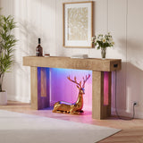 Garvee 63'' Farmhouse Console Table with Charging Station & 6-Color Multi-Functional Light, Wooden Rectangular Entryway Table Behind Sofa, Foyer Furniture for Hallway Living Room (Natural)