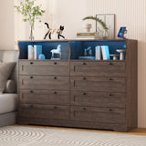 Garvee Rustic Brown 8-Drawer Wooden Entryway Storage Cabinet with LED Lights & Charging Station – 55'' Wide Modern TV Stand and Bedroom Dresser – AB box, antique dark color - Brown