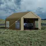 Garvee 12' × 20' Portable Garage, 200 GSM PE Carport Canopy with Reinforced Steel Frame, 2 Roll-Up Doors, 4 Mesh Windows, Khaki - Khaki