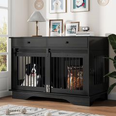Garvee Dog Crate Furniture for 2 Dogs, 47" Double Dog Kennel with Removable Divider and 2 Drawers, Triple Doors, Decorative TV Stand Side Table, Indoor Pet Cage for Large/Medium/Small Dogs, Black - Black