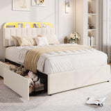 Garvee Queen Upholstered Platform Bed Frame with Bookcase Headboard, 2 Storage Drawers, LED Lights, Velvet Fabric, Noise-Free, Easy Assembly, Ideal for Kids Girls Bedroom - Offwhite, Queen Size