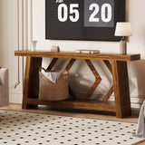 Garvee 70.9'' Extra Long All-Wood Console Table - 2-Tier Narrow Entryway or Sofa Table - Rustic Trapezoid Legs - Slim Hallway Foyer Accent Shelf - Farmhouse Modern Living Room Furniture, Brown - Rustic Brown
