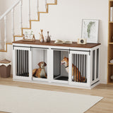 Garvee Heavy Duty Double Dog Crate Furniture for Large and Medium Breeds – Wooden Indoor Kennel with Sliding Barn Doors, Removable Divider, 2 Trays, Modern End Table Design – Color: White - White+Dark Walnut