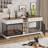 Garvee 82" Large Dog Crate for 2 Dogs, Dog Kennel Indoor with 4 Drawers and Shelves, Double Dog Crate Furniture TV Stand, Wooden Dog Cage for Medium Large Dogs, White - White
