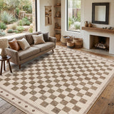 Garvee 8' × 10' Checkerboard Geometric Area Rug, Washable Polyester Carpet with Non-Slip Backing for Living Room, Bedroom and Dining Room, Beige/Camel - Beige Camel