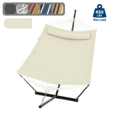 Garvee 2-Person Double Hammock with 12' Heavy-Duty Steel Stand, 450 lbs Capacity, Pillow & Balance Rope for Backyard, Beige - Beige