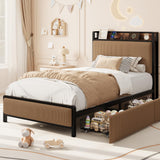Garvee Metal Platform Bed Frame with 2 Storage Drawers & Charging Station, Upholstered Headboard, No Box Spring Needed - Twin XL - Black Tube/Brown - Black Tube + Brown