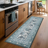 Garvee 2' x 6' Misty Blue French Country Botanical Runner Rug, Washable Polyester Non-Slip Low-Pile Carpet for Hallway, Kitchen, Entryway and Bedroom - Misty Blue