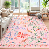 Garvee 5' x 7' Pink Watercolor Bird Floral Area Rug, Washable Non-Slip Low-Pile Rug for Living Room, Bedroom & Nursery - Pink