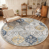 Garvee Washable North African Trellis Area Rug – Non-Slip, Vintage Distressed, Mark Resistant Low Pile Accent Round Carpet for Living Room, Bedroom – 6ft, Blue and Yellow - Yellow