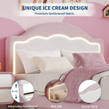 Garvee LED Headboard Full Platform Bed Frame for Kids, Upholstered Boucle Fabric, Under-Bed Storage Drawer, Wooden Slats, No Box Spring, Easy Assembly, Pink - F Lambswool Pink + White with Tail Puff