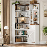 Garvee 74'' Tall Corner Bookshelf - 6-Tier Book Shelf with Drawer and Cabinets, l-Shaped Bookcase Open Storage Shelves Modern Display Shelf for Home, Office - White+Brown