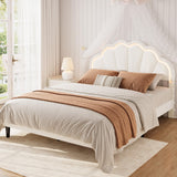 Garvee Modern Velvet Platform Bed Frame - Adjustable Seashell Headboard - LED Lighting - Under Bed Storage - Full Size, White - Off White