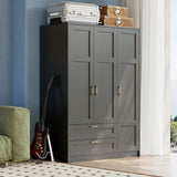 Garvee 3 Doors Wooden Wardrobe Closet Armoire with 2 Drawers & 3 Shelves, 66" Bedroom Large Capacity Freestanding Armoire with Hanging Rod for Cloak Room, Entrance Hall, Black - Black