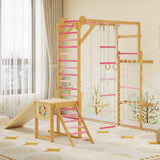 Garvee 8-in-1 Indoor Jungle Gym for Kids 3-10 with Slide, Swing, Monkey Bars, Solid Wood, Climbing Rope, Gymnastic Rings, Pink, Indoor Playroom