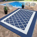 Garvee Waterproof Outdoor Rug 8x10 Reversible Plastic Straw Rug Modern Geometric Large Floor Carpet Lightweight Foldable Camping Mat for Outdoors RV Patio Backyard Picnic Blue/White - Navy Blue