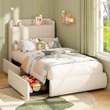 Garvee Chenille Upholstered Platform Bed Frame with 2 Storage Drawers & Recessed Shelf - Rounded Corners, Noise-Free, No Box Spring Needed, Easy Assembly - Twin, Pure Neutral-Tone - Beige