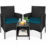 Garvee 3-Piece PE Rattan Patio Bistro Set, Outdoor Wicker Chairs with Green Cushions & Tempered Glass Table, Black/Green - Black/Green
