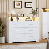 Garvee 6 Drawer Dresser for Bedroom - 47.2” Wide Double Chest of Drawers with LED Light and Charging Station, Modern Large TV Stand Cabinet Organizer with Open Shelf for Living Room, Entryway, Hallway, White - White