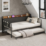 Garvee Twin Daybed with Trundle and LED Light, Upholstered Headboard with Charging Station, Sofa Day Bed for Living Room,Bedroom, Black - Black