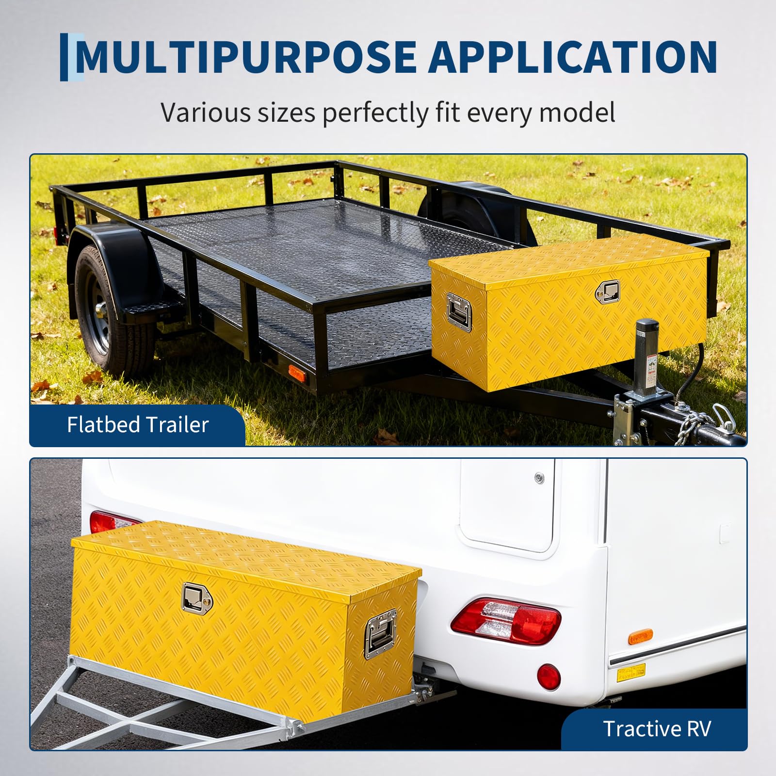 yellow diamond plate tool box mounted on a flatbed trailer and an RV cargo rack