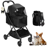 Garvee Foldable 4-Wheel Pet Stroller for Dogs & Cats -Dog Stroller, Lightweight Travel Carrier for Small to Medium Pets Up to 50 LBS, 360° Swivel Front Wheels, Foot Brake, Breathable Mes - Black With1 Basket