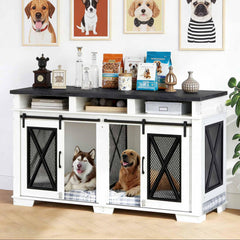 Garvee Dual-Panel Dog Crate Furniture, 71" Heavy Duty Dog Kennel Furniture with 3 Storages and Removable Divider, Double Dog Crate Table Indoor TV Stand for Large Medium Dogs, Black&White - Black&White