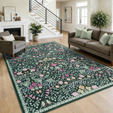 Garvee 4x6 Area Rugs for Living Room, Floral Washable Rug Vintage Large Soft Botanical Non Slip Carpet Indoor Stain Resistant Floor Carpets for Bedroom Dining Room Farmhouse Nursery, Dark Green - Dark Green