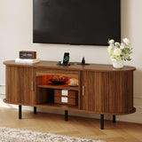 Garvee 55" Fluted TV Stand for TVs Up to 65", Mid Century Media Console with LED Lights and Power Outlet, Entertainment Center with Storage, Sliding Door & Adjustable Shelf for Living Room, Walnut - Walnut