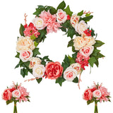 Garvee Lifelike Peony & Rose Wreath Set – Artificial Silk Flowers on Natural Rattan, Farmhouse Floral Decor for Front Door, Wall, Table – Includes 2 Matching Bouquets, Spring & Summer Decoration, Size: 22inch - Rose