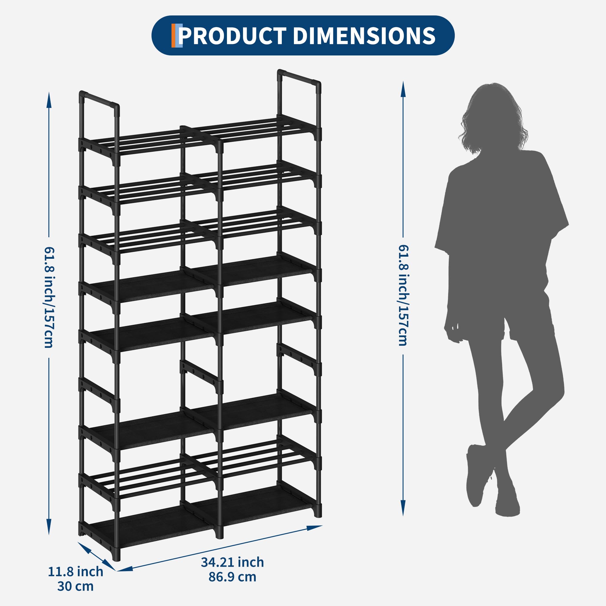 Garvee 8-Tier Shoe Rack Sturdy Metal Organizer Removable Fabric