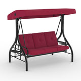 Garvee Outdoor Swing Chair for Patio & Backyard, 3-Person Steel Frame Convertible Swing Bed with Adjustable Canopy, 2 Cup Holders and Cushions, Red
