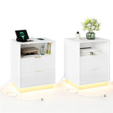Garvee Set of 2 Modern Fluted Bedside Tables - 2-Drawer Wooden Bedside Tables with LED Light & Charging Station (USB & Type-C) - Clean White Look - Ideal for Bedroom or Living Room - US Standard - White - White
