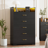 Garvee 5 Drawer Dresser for Bedroom - 51” Tall Vertical Chest of Drawers with LED Light and Charging Station, Modern Organizer Cabinet with Open Shelf for Living Room, Entryway, Hallway, Black - Black