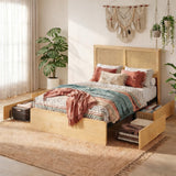 Garvee Rattan Full Bed Frame with Storage Drawers & LED Lights, Natural Rattan Headboard, Sturdy Wood Foundation, Noise-Free, Easy Assembly, Bedroom - Natural with Drawers