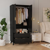 Garvee 71" Wooden Armoire Wardrobe Closet with Adjustable Shelves & Aluminum Rod, 2 Drawers, 2 Doors, Modern Bedroom Storage Cabinet - Black