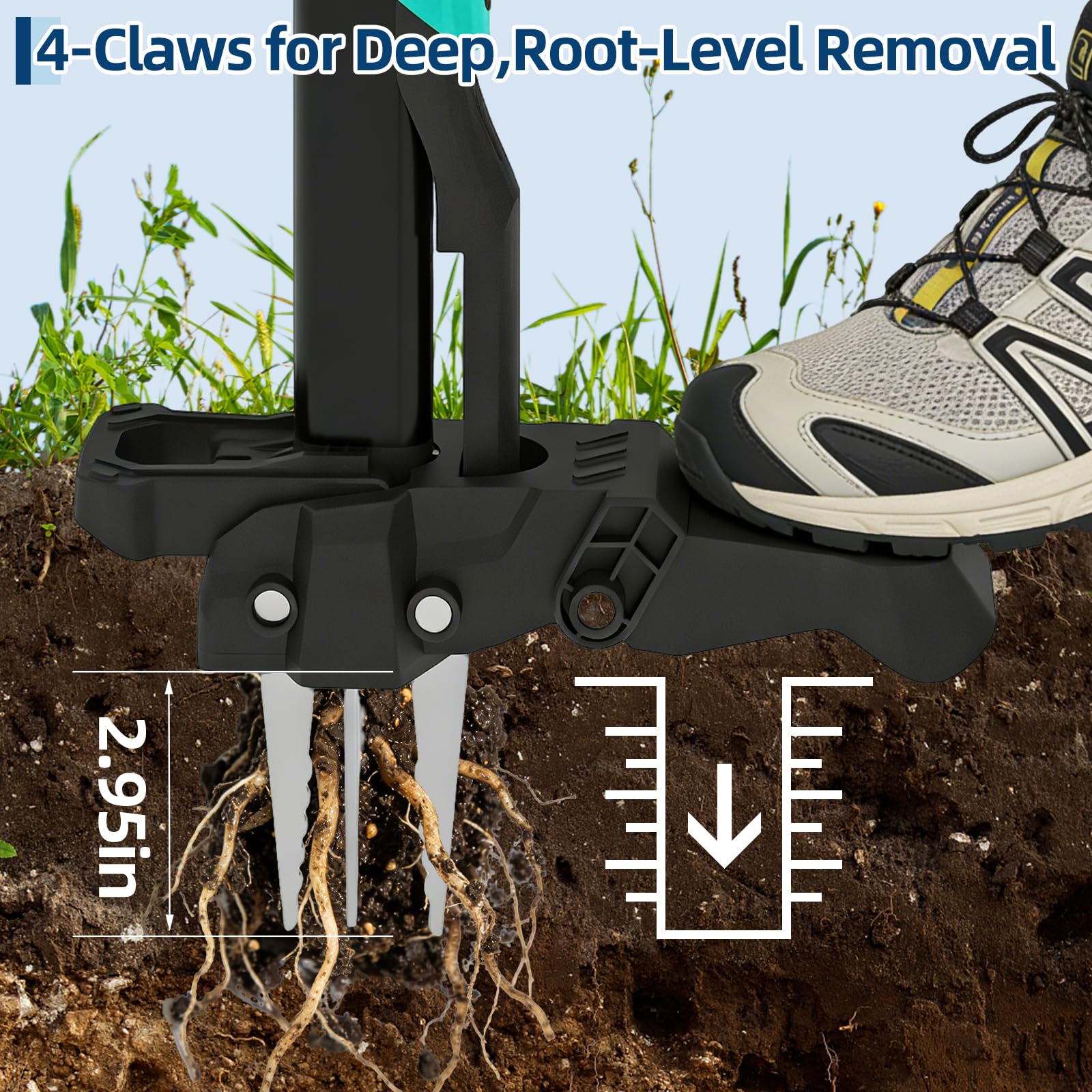 tool for removing plants from pots Garvee 40" Stand-Up Weed Puller Tool, 4-Claw Stainless Steel Root Remover with Easy Eject, Ergonomic Long Handle Manual Weeder for Lawn & Garden