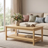 Garvee 2-Tier Rectangular Coffee Table, Boho Center Table with Rattan Storage Shelf, Easy Assembly, 39.4" l - Oak