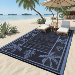 Garvee Outdoor Rug 8x10 Waterproof Reversible Plastic Straw Tropical Leaf UV-Resistant Patio Deck Camping Mat - Black Blue & Light Blue