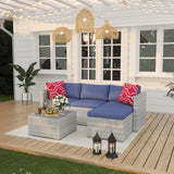 Garvee Heavy Duty 5-Piece Wicker Patio Sectional Set, Modular L-Shaped Rattan Sofa for Outdoor Porch, Gray Blue
