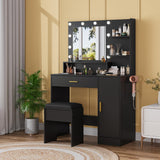 Garvee 35.4-Inch Vanity with Mirror, Featuring Three-Level Adjustable Lighting, a Drawer Unit, Shelves, an Outlet, and a Stool. a Compact Vanity Suitable for Living Rooms and Apartments – Black - Black