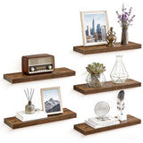 Garvee Rustic Brown Floating Wall Shelves Set, Wood Wall Mounted Display Shelf with Metal Brackets for Bedroom, Living Room, Kitchen, Bathroom, Holds Picture Frames & Plants, 60x20x3cm, 5PCS