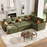 Garvee Corduroy Modular Sectional Sofa with Pull Out Sofa Bed, Sectional Sleeper Couch L Shaped 5-7 Seat Couch with Storage Seat & Ottoman, Convertible Couches for Living Room, Green - Green