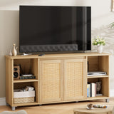 Garvee Boho TV Stand for 60-70 Inch TVs, Mid-Century Modern Entertainment Center with Rattan Cabinet Doors, Cable Management, Media Console with 4 Open Shelves for TV Stands for Living Room