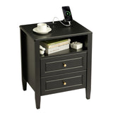 Garvee Nightstand with Charging Station & Storage, Modern Bedside Table with 2 Drawers, Gold Knobs, Tapered Legs, Black Wood, Waterproof, Bedroom & Living Room - Black