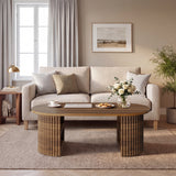 Garvee Wabi-Sabi Oval Coffee Table, Fluted Wood Center Table with 4 Open Storage Shelves, Modern Farmhouse/Mid-Century for Living Room or Small Spaces, 39.3 x 19.6 x 17.7 in, Color: Walnut - Walnut