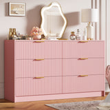 Garvee 55" Wide Modern Fluted Double Chest of 6 Drawer Dressers for Bedroom with Golden Metal Handles, Multi-Function Home Organizer and Large TV Stand for Living Room, Entryway, Hallway, Pink - Pink
