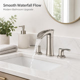 Garvee Waterfall Bathroom basin Faucet, 4 in Centerset 2-Handle 3-Hole Deck Mount Vanity Faucet, Pop-Up Drain & Supply Lines Included - 4" double handle integrated basin faucet, brushed - Brushed Nickel