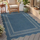 Garvee Neutral Jute Rug 3x5FT – Washable Scalloped Indoor/Outdoor Door Mat with Non-Slip Backing, Mark Resistant Edge Carpet for Kitchen, Porch, Patio – Modern Navy Blue/Cyan Blue - Denim Blue
