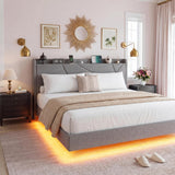 Garvee Queen Floating Bed Frame with RGB LED Lights & Charging Station - Upholstered Platform with Storage Headboard, Folding Shelves - Metal Slat Support, No Box Spring Needed - Color: QUEEN Grey - Grey